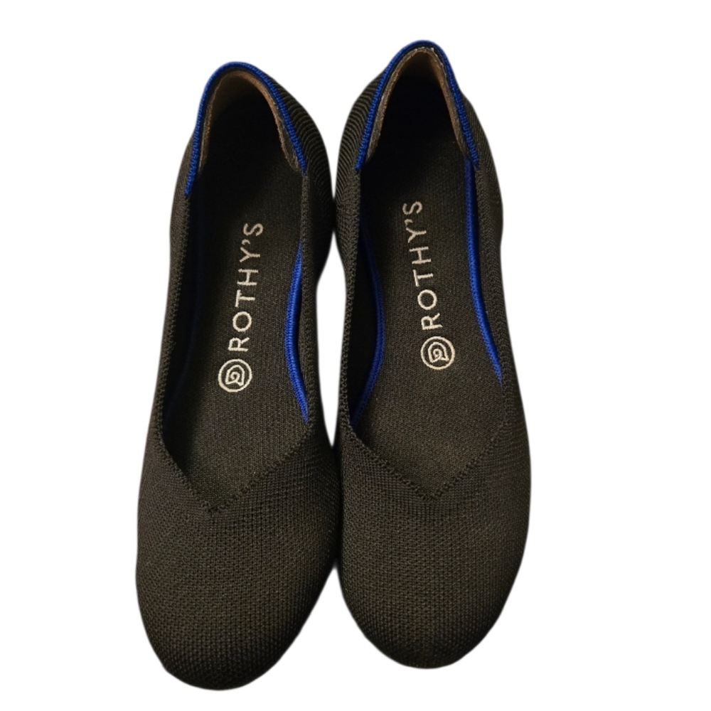 Rothy's Black Knit Slip-On Flats with Blue Trim